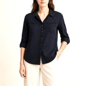 Elie Tahari Silk Blend Navy Utility Blouse Fits S Roll up Sleeves Multi Media